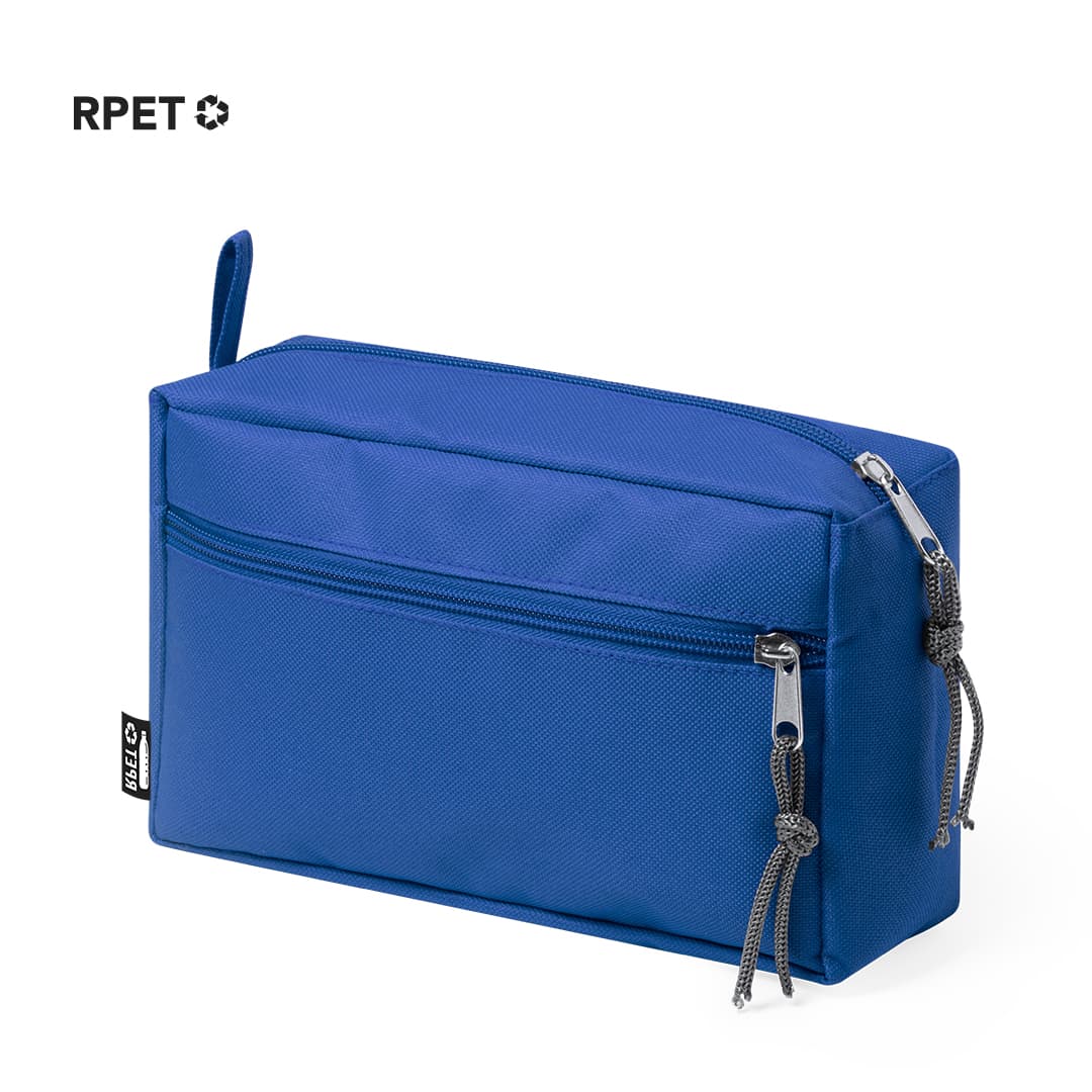 A blue toiletry bag with a zippered compartment and a side handle, featuring a logo. Kopel Beauty Bag - Image 1