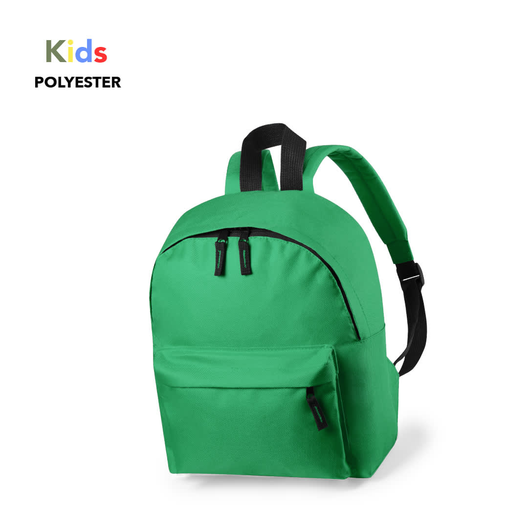 A green backpack made from polyester with adjustable straps and a front pocket. It has a logo on the side. Susdal Backpack - Image 1