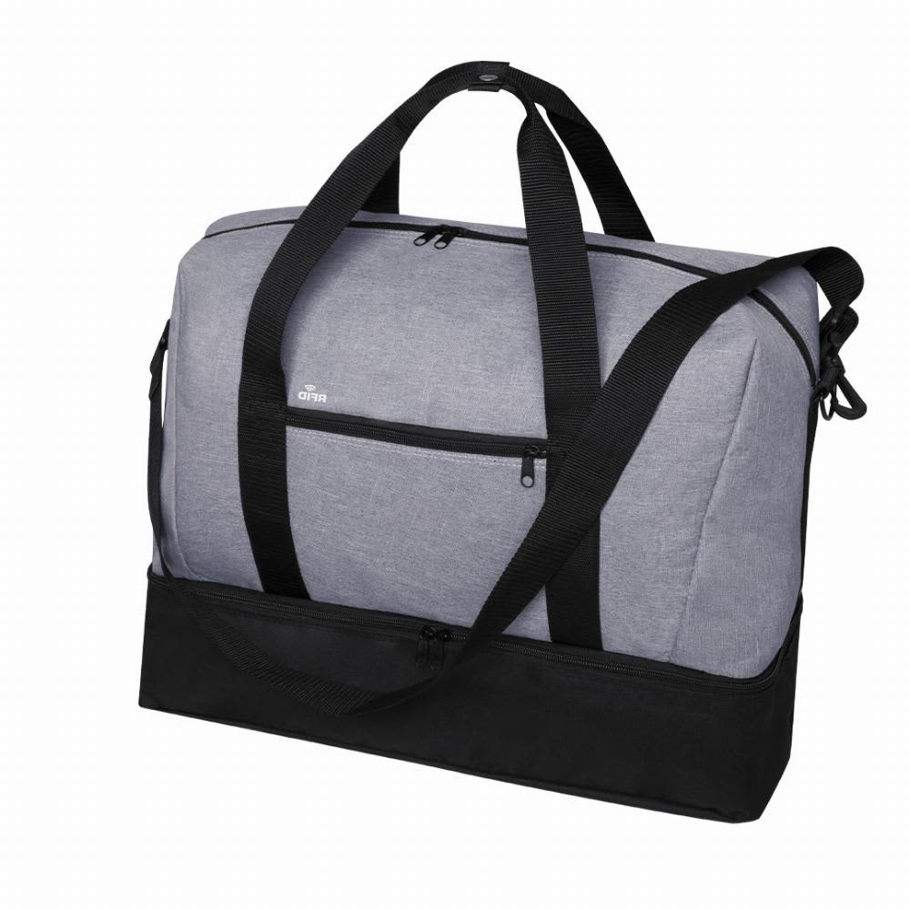 A grey and black duffle bag with multiple compartments and sturdy handles, featuring a logo. Kanit - Image 1