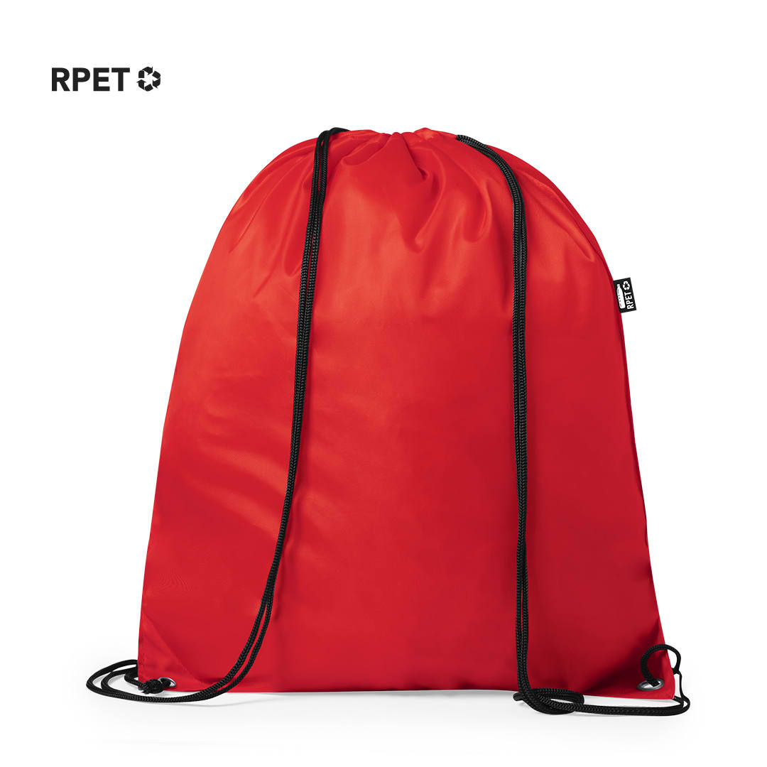 A red drawstring bag with black cords and a logo tag, made from RPET material. Lambur Drawstring Bag - Image 1