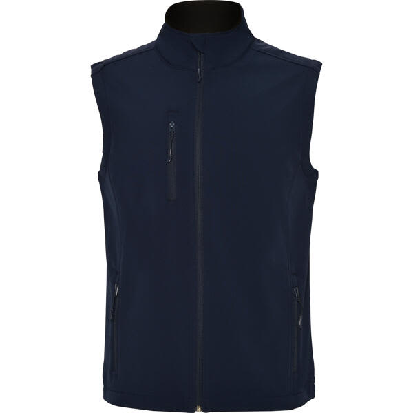 A navy softshell vest with a full front zip and side pockets, featuring a branding logo. Quebec Softshell Vest - Image 1