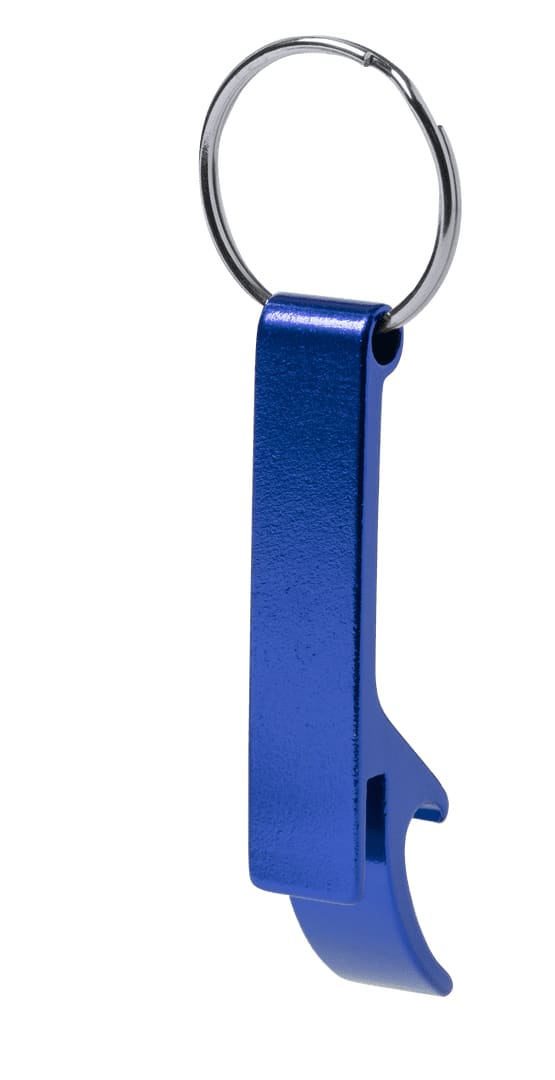 A drink bottle opener keyring in blue with a silver keyring attachment. It features a sleek, metallic design. Stiked Opener Keyring - Image 1