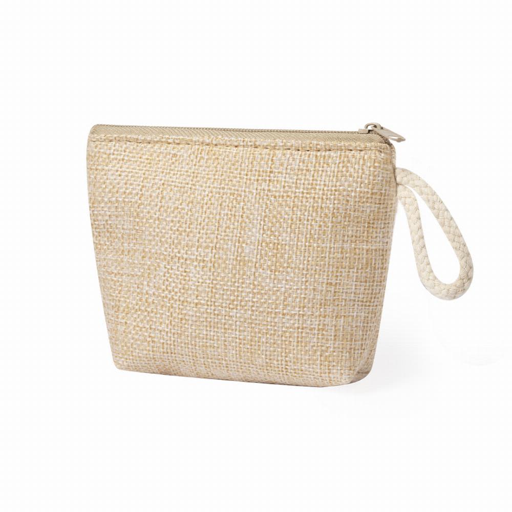A natural beige zippered pouch with a rope handle, featuring a textured fabric surface. Narse - Image 1