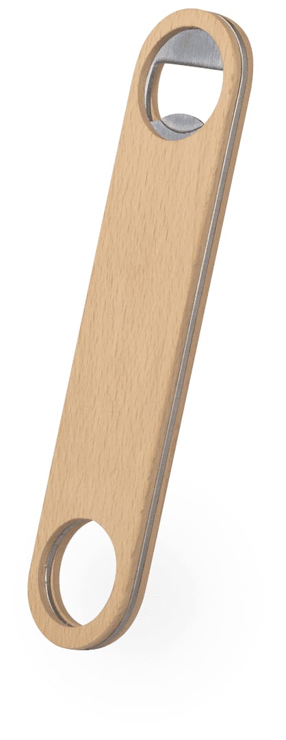 A drink bottle opener in a sleek, natural wood finish with a stainless steel cap. It features two circular openings and a logo. Ferdy Opener - Image 1