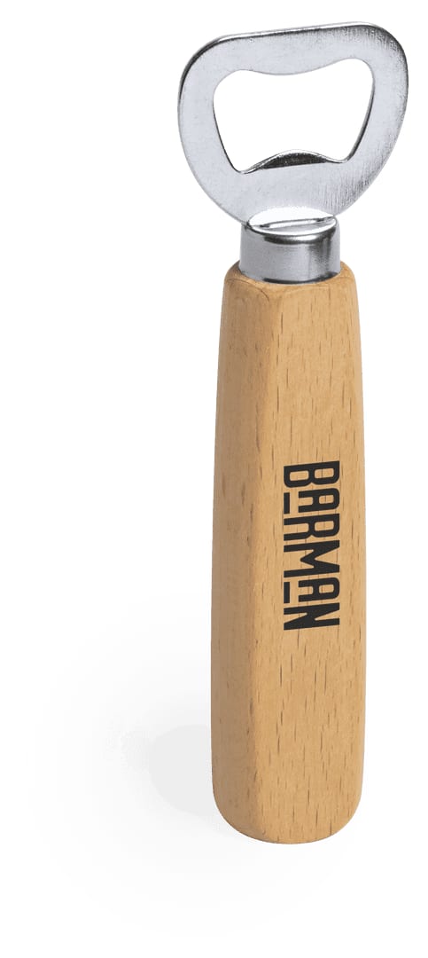 A drink bottle opener with a wooden handle and a metal cap lifter. It features a brand logo. Nacul Opener - Image 1