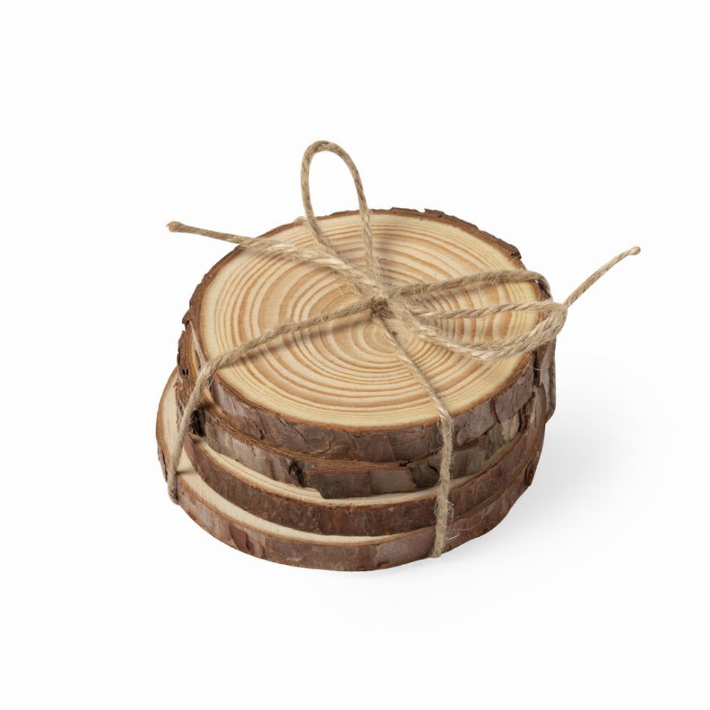 A set of wooden coasters stacked and bound with twine, showcasing natural wooden textures and rings. Yantic - Image 1