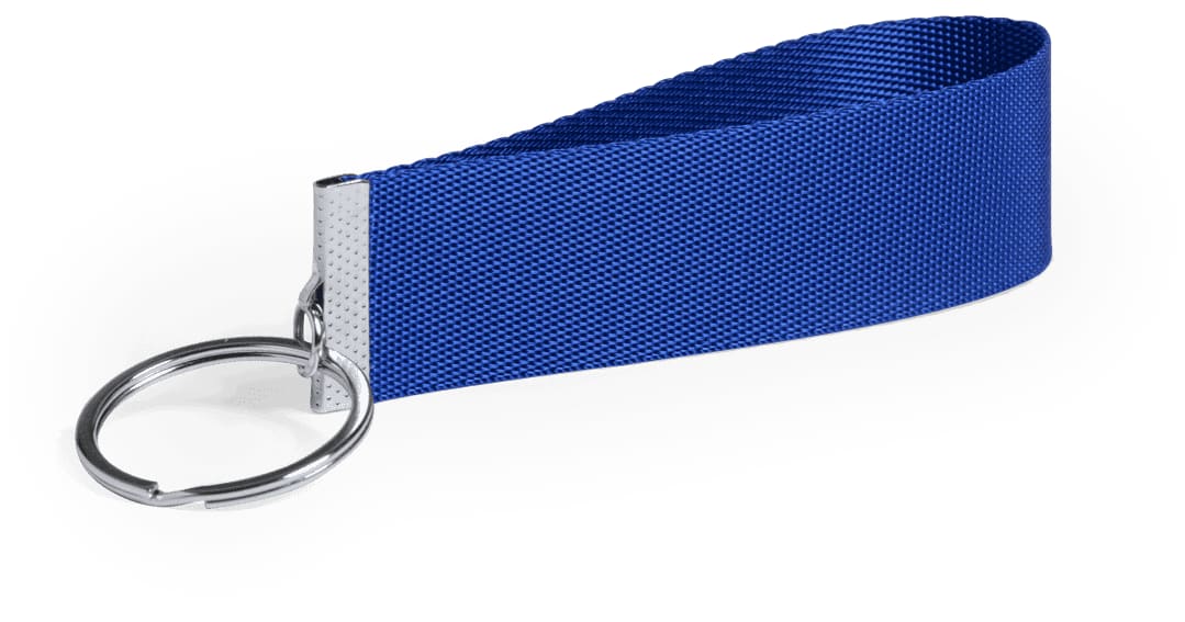 A blue fabric keyring with a metal ring, featuring a textured finish and a simple design. Tofin Keyring - Image 1