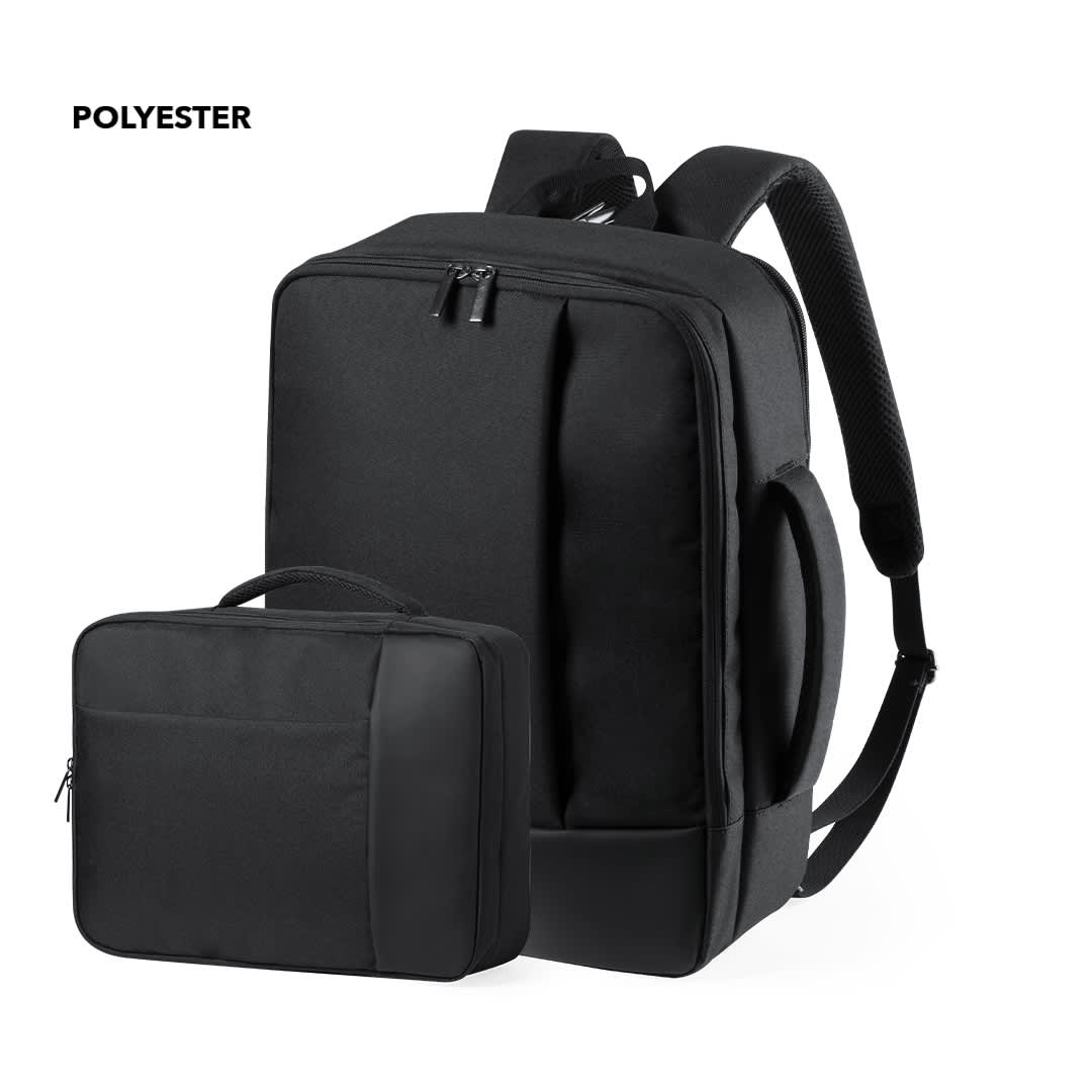 A black polyester backpack and a smaller matching bag, both featuring zippers and shoulder straps. Hurkon Document Bag Backpack - Image 1