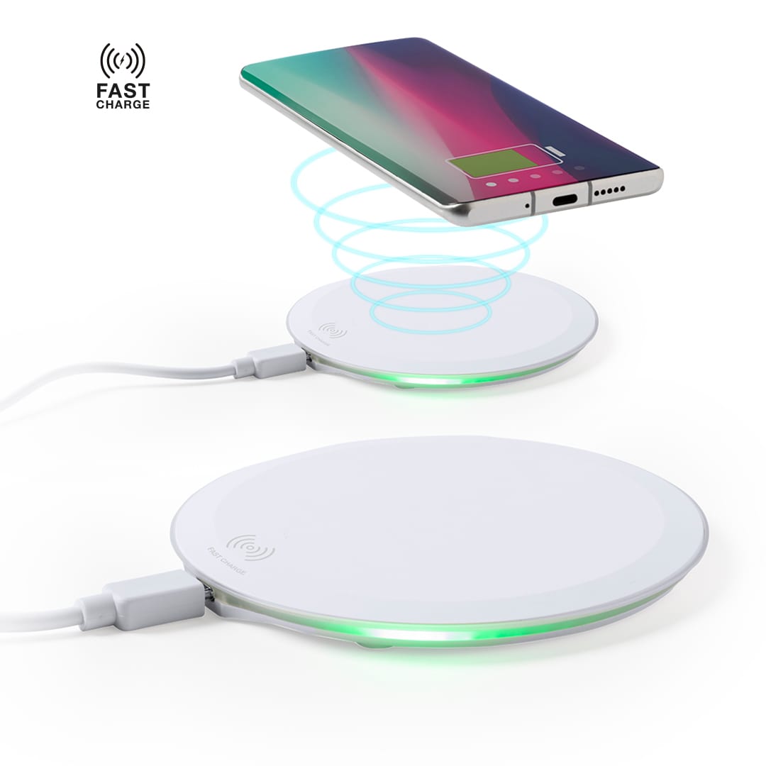 A wireless charger in white, featuring a glowing base, positioned near a smartphone with a charging indicator. Lumbert Charger - Image 1