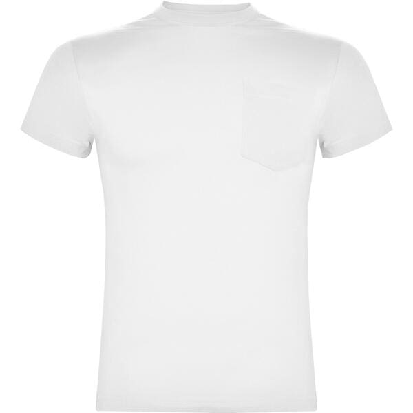 A white T-shirt featuring a small pocket and a round neckline. It has a simple design with a logo. Teckel T-Shirt - Image 1