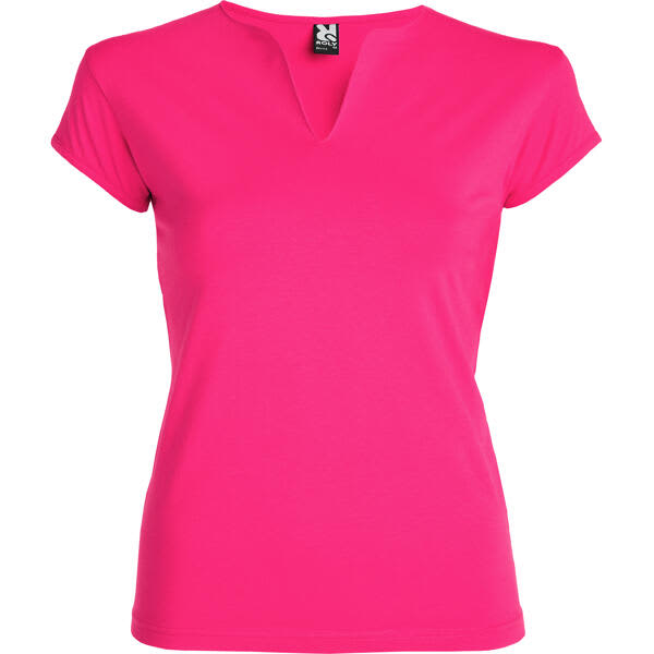 A pink T-shirt with a V-neck design and short sleeves, featuring a small logo. Belice T-Shirt - Image 1