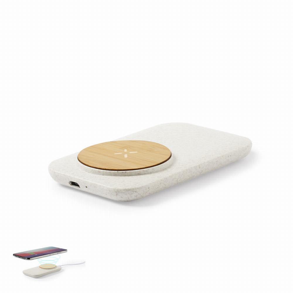 A wireless charger with a white textured base and a wooden charging pad, featuring a logo. Claudix - Image 1