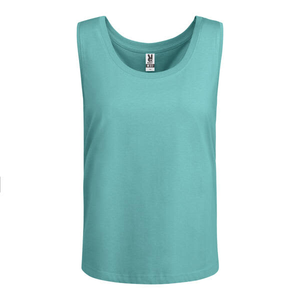 A teal tank top with a rounded neckline and a logo tag inside the collar. Nara Tank Top - Image 1