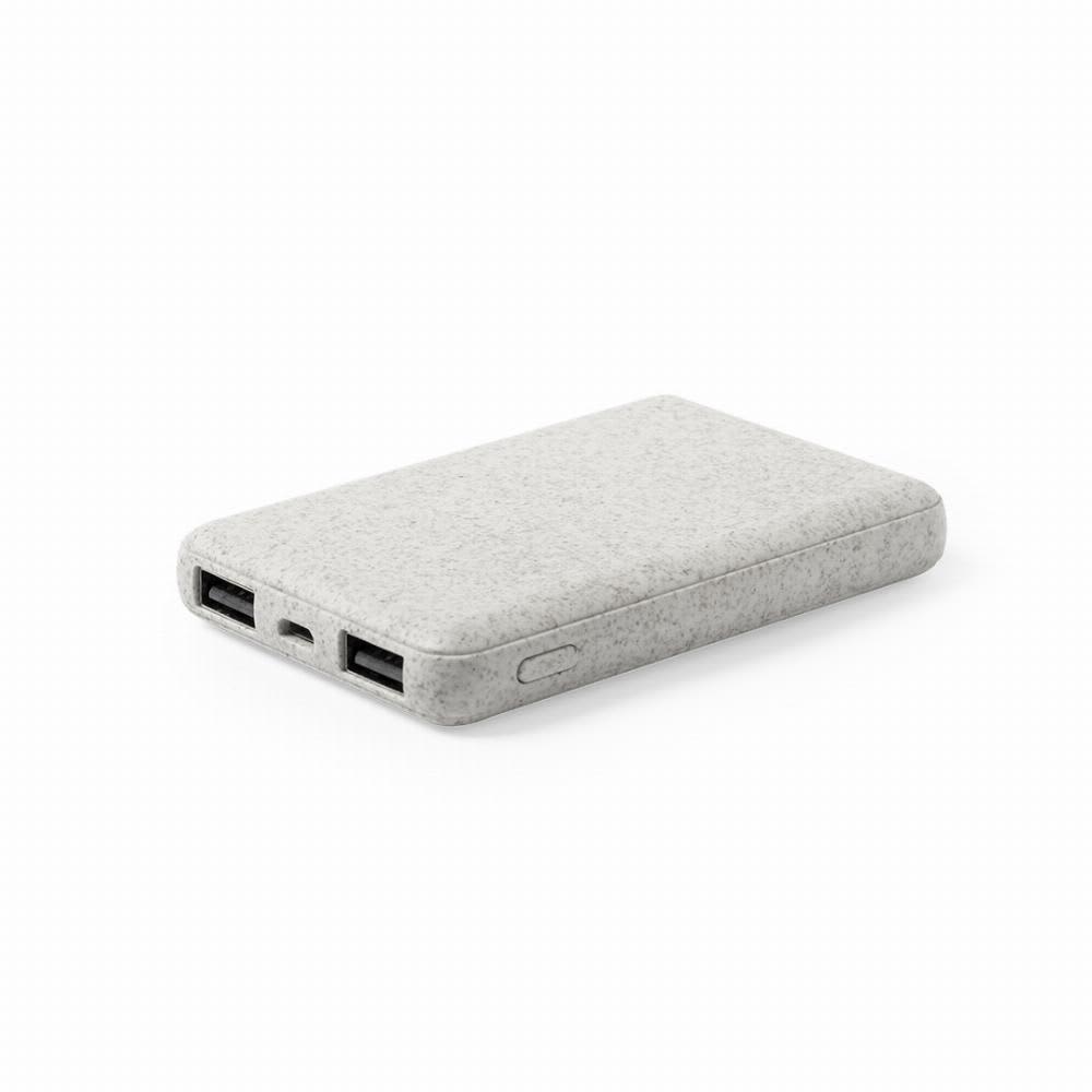 A power bank in a textured grey finish with two USB ports and a small button on the side. Shiden - Image 1