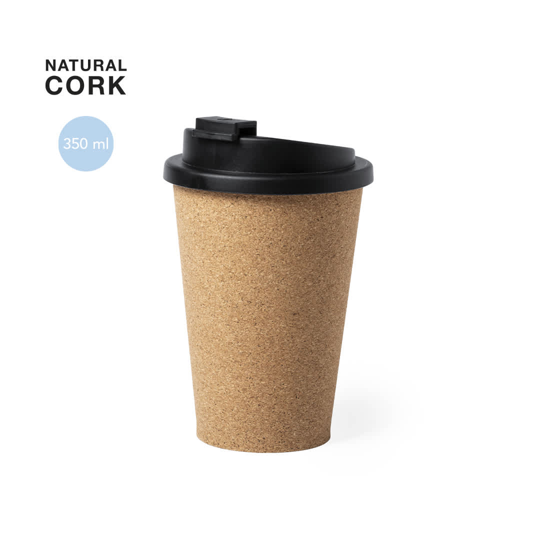 A travel mug made of natural cork with a black lid, featuring a capacity of 350 ml. Plibun Insulated Cup - Image 1