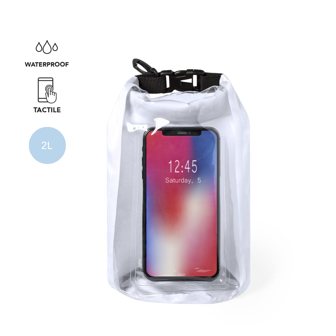 A transparent waterproof dry bag in white, featuring a black strap and a smartphone inside. Kambax Bag - Image 1