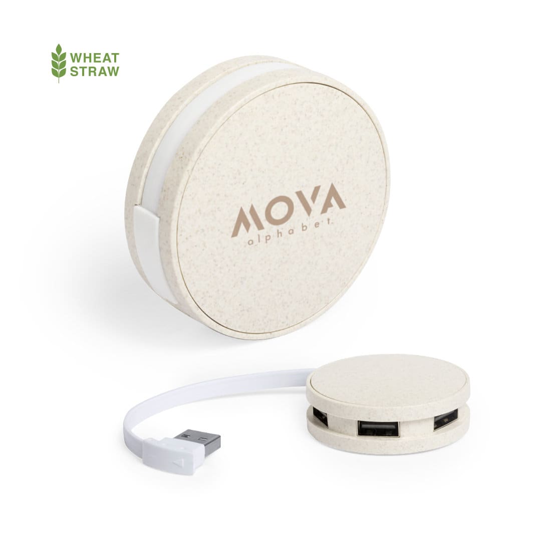 A round, cream-coloured USB hub with multiple ports and a connected cable, featuring a logo on the surface. Brunox USB Hub - Image 1