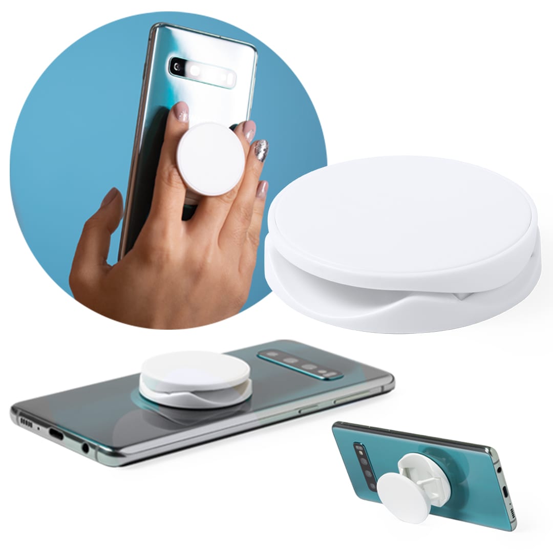 A white phone stand with a circular grip, positioned against a smartphone on a blue background. Hunabik Holder - Image 1