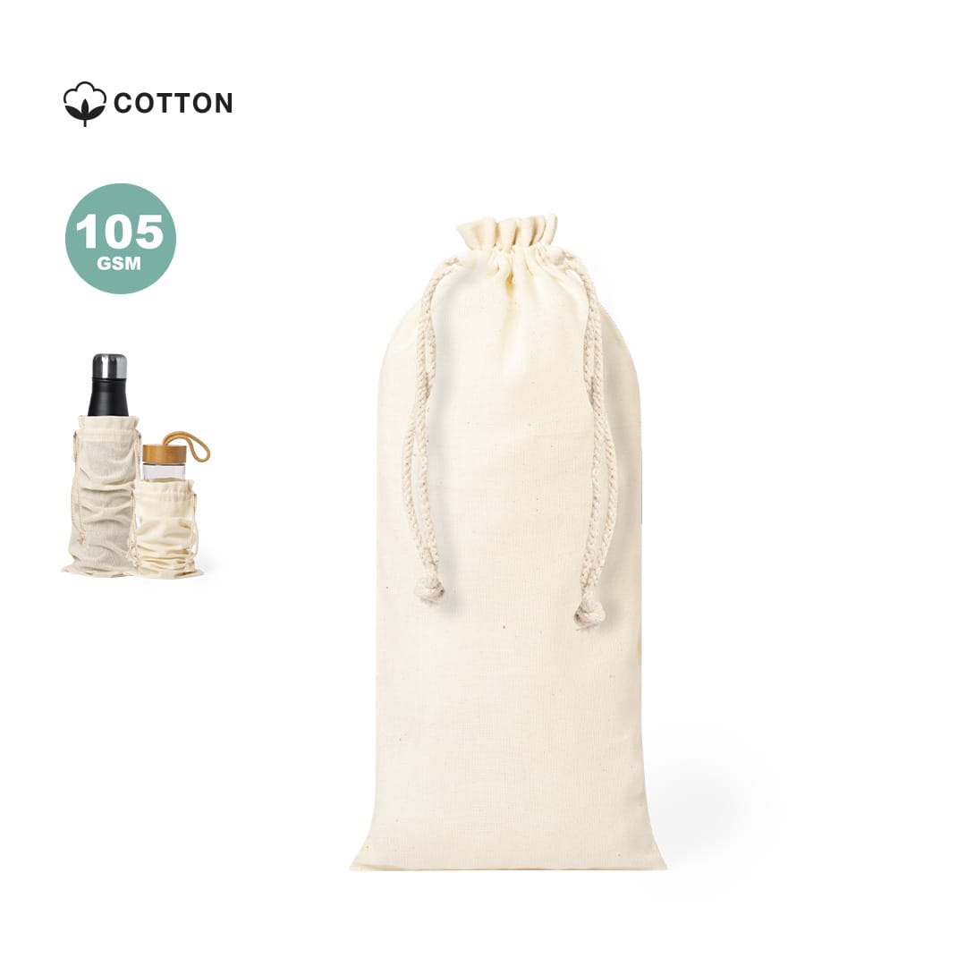 A drink bottle bag in natural cotton, featuring a drawstring closure and a logo. Suitable for various bottle sizes. Marcex Bottle Bag - Image 1