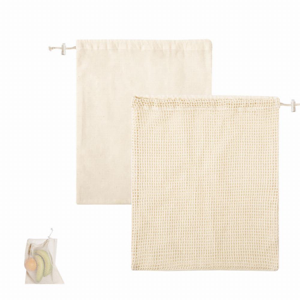 Two beige reusable produce bags, one smooth and one with a mesh texture, designed for carrying fruits and vegetables. Tolmen - Image 1