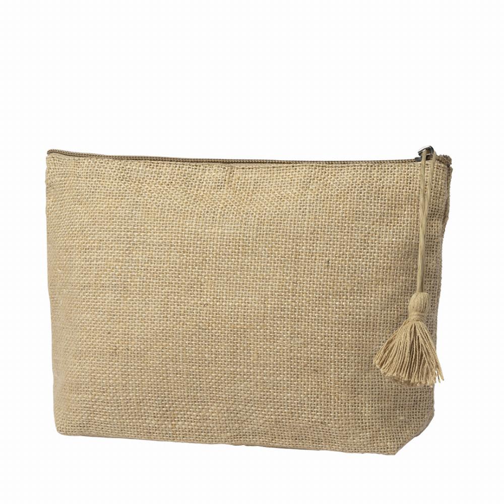 A jute pouch in a natural beige colour, featuring a zip closure and a tassel detail. Lindak - Image 1