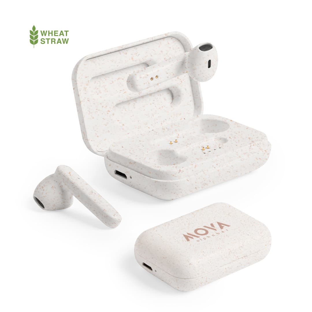 White earphones in a charging case made from wheat straw, featuring a simple design and a logo on the case. Vounel Earphones - Image 1