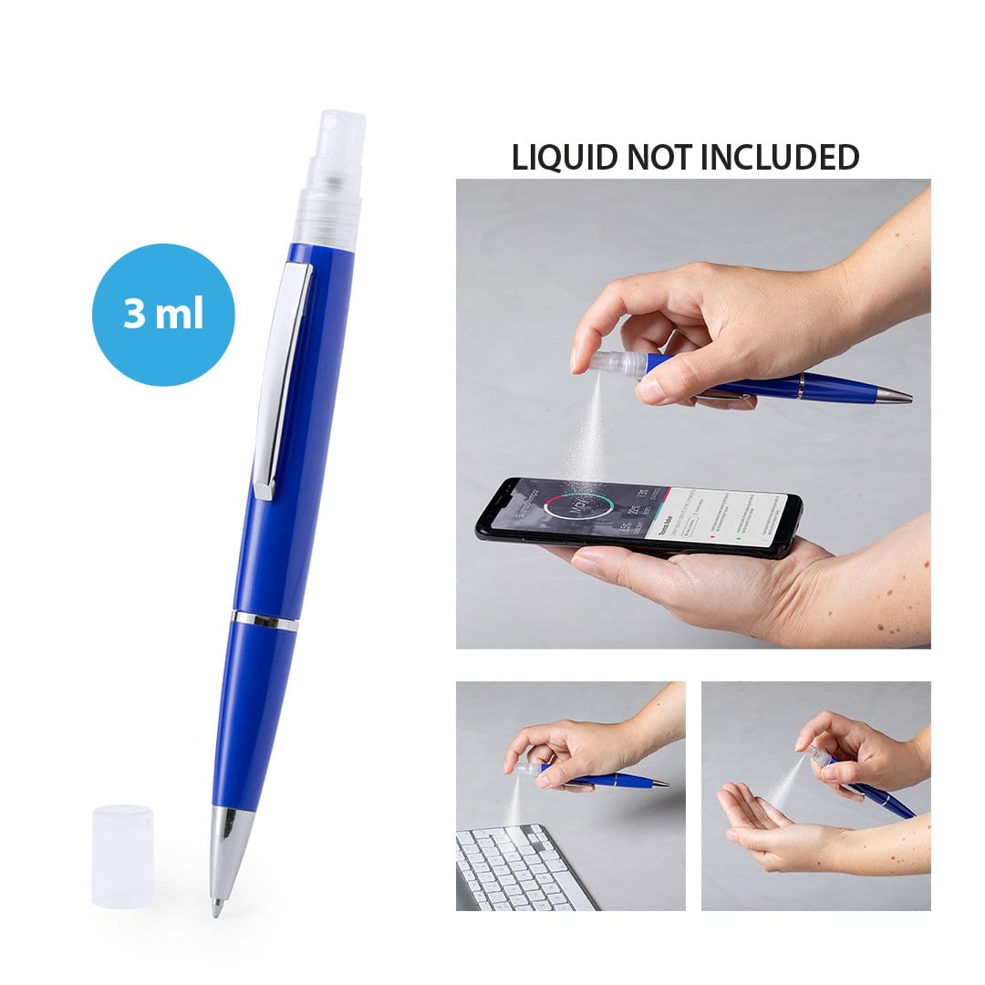A blue spray pen with a silver clip, alongside images of its use on a phone and a keyboard, featuring a logo. Tromix Spray Pen - Image 1