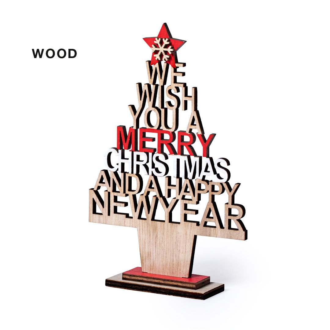 A decorative wooden Christmas tree with red and natural wood finishes, featuring festive messages. Sokin Christmas Tree - Image 1