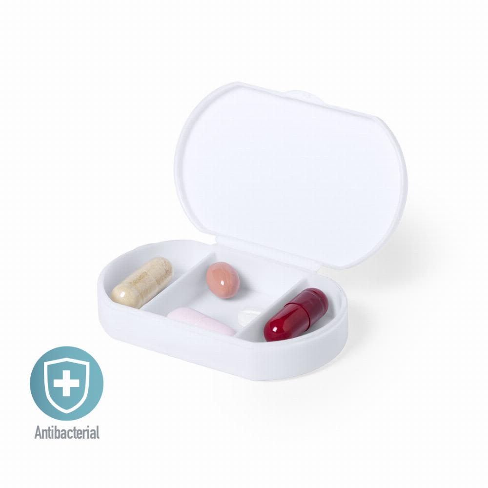 A white pillbox with four capsules in various colours: beige, pink, red, and brown. It features a logo. Hempix - Image 1