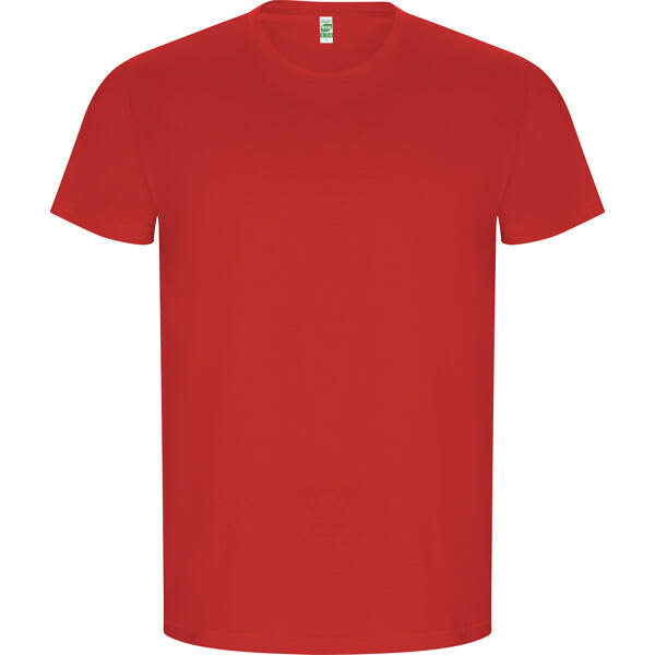 A red T-shirt featuring a round neck and short sleeves, with a small logo on the label. Golden T-Shirt - Image 1