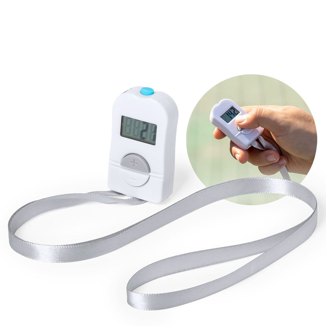 A digital pedometer with a silver strap, featuring a display screen and a blue button. Dolim - Image 1