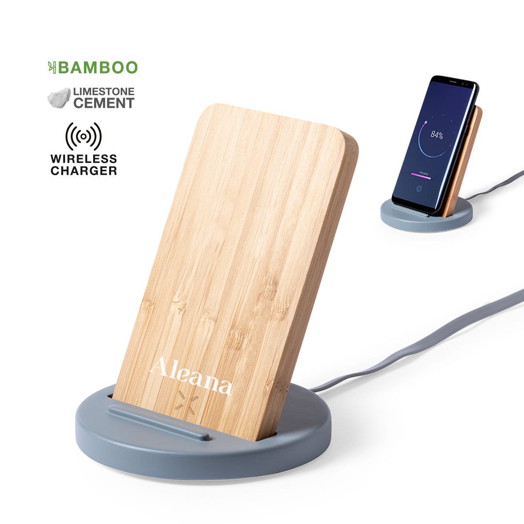 A bamboo and grey wireless charger with a phone placed on it, featuring a logo. Wiket Charger - Image 1