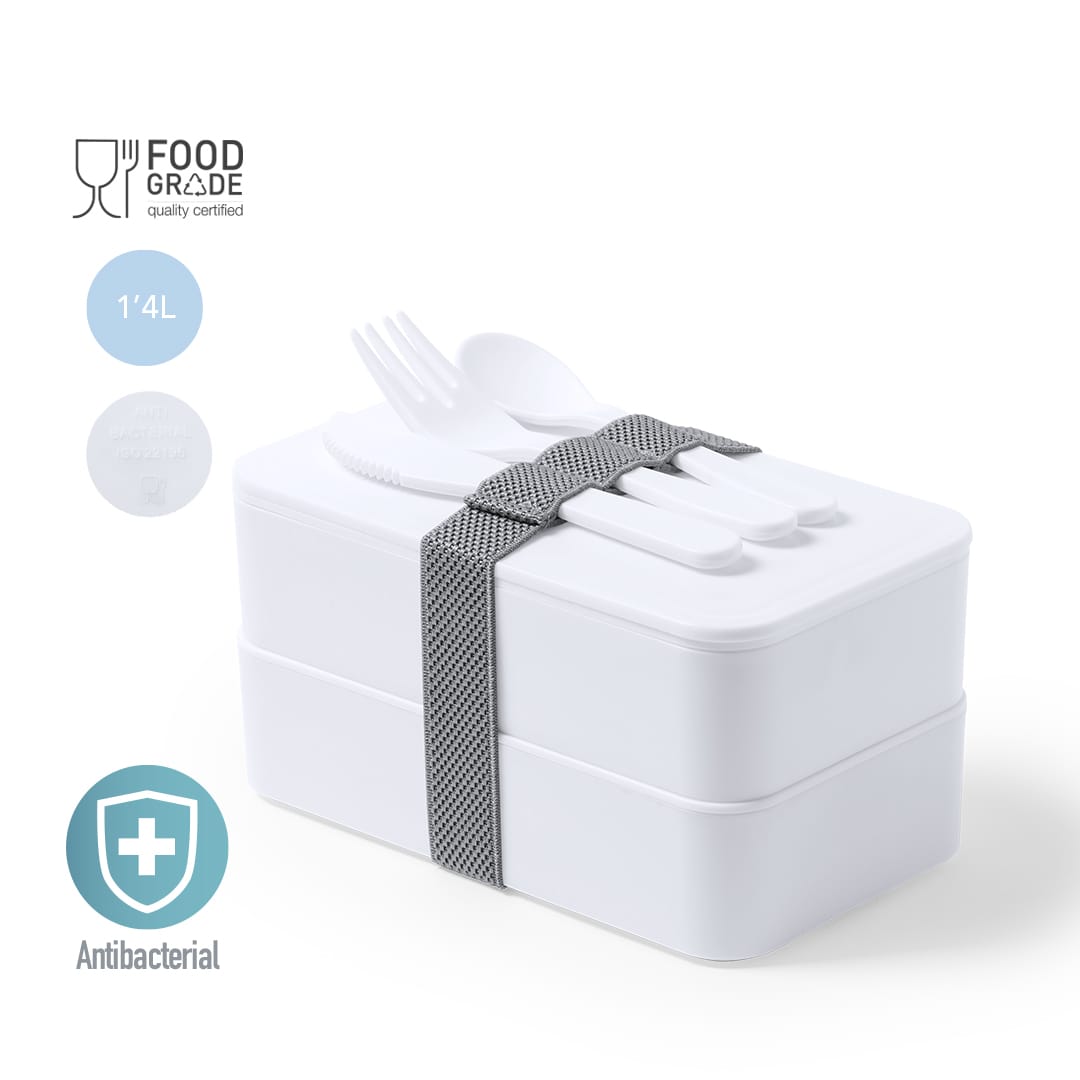 A white antibacterial lunch box with a grey band, containing utensils on top, stacked in two compartments. Fandex Antibacterial Lunch Box - Image 1
