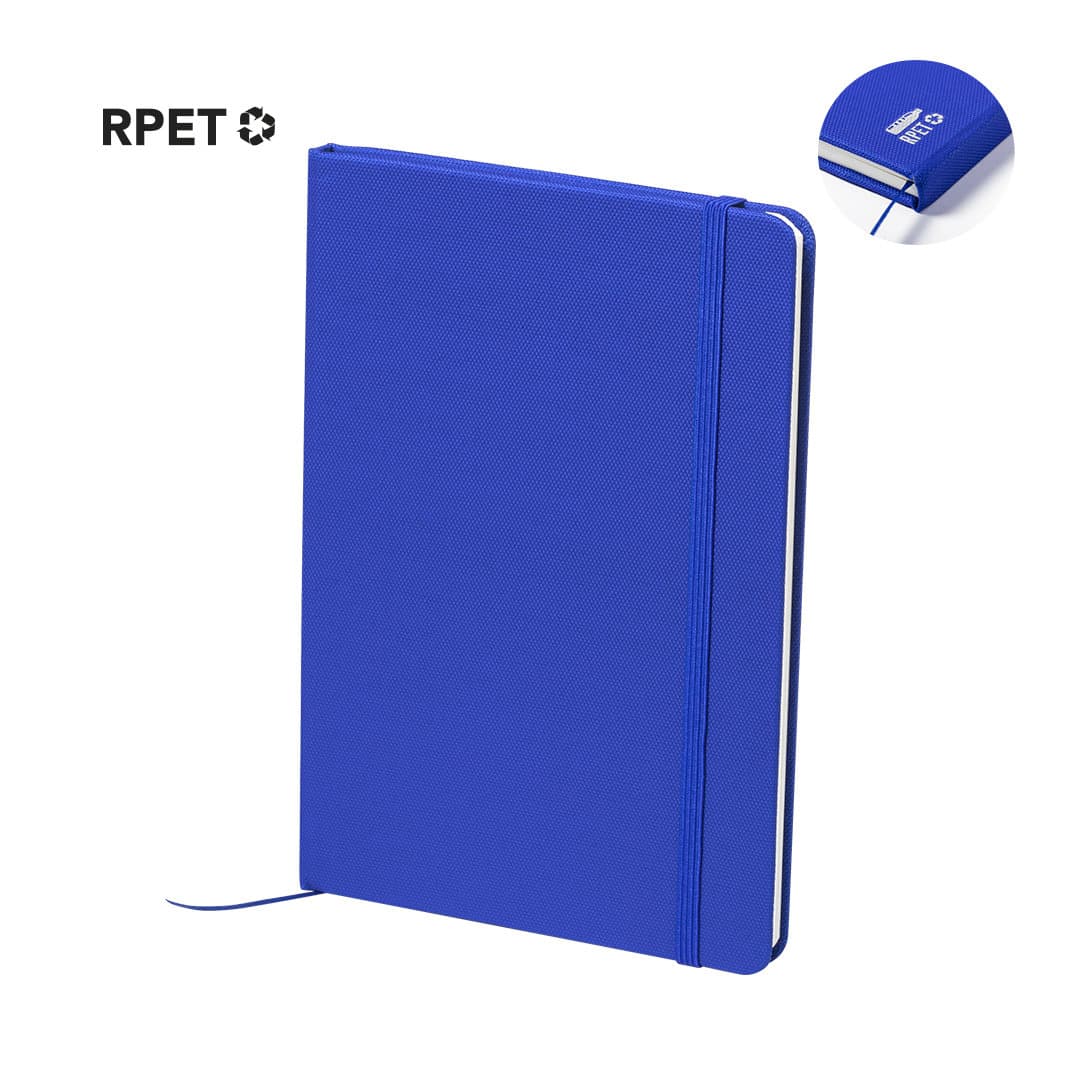 A blue notepad with a textured cover, featuring an elastic band and a bookmark ribbon. It has a logo on the cover. Meivax Notepad - Image 1