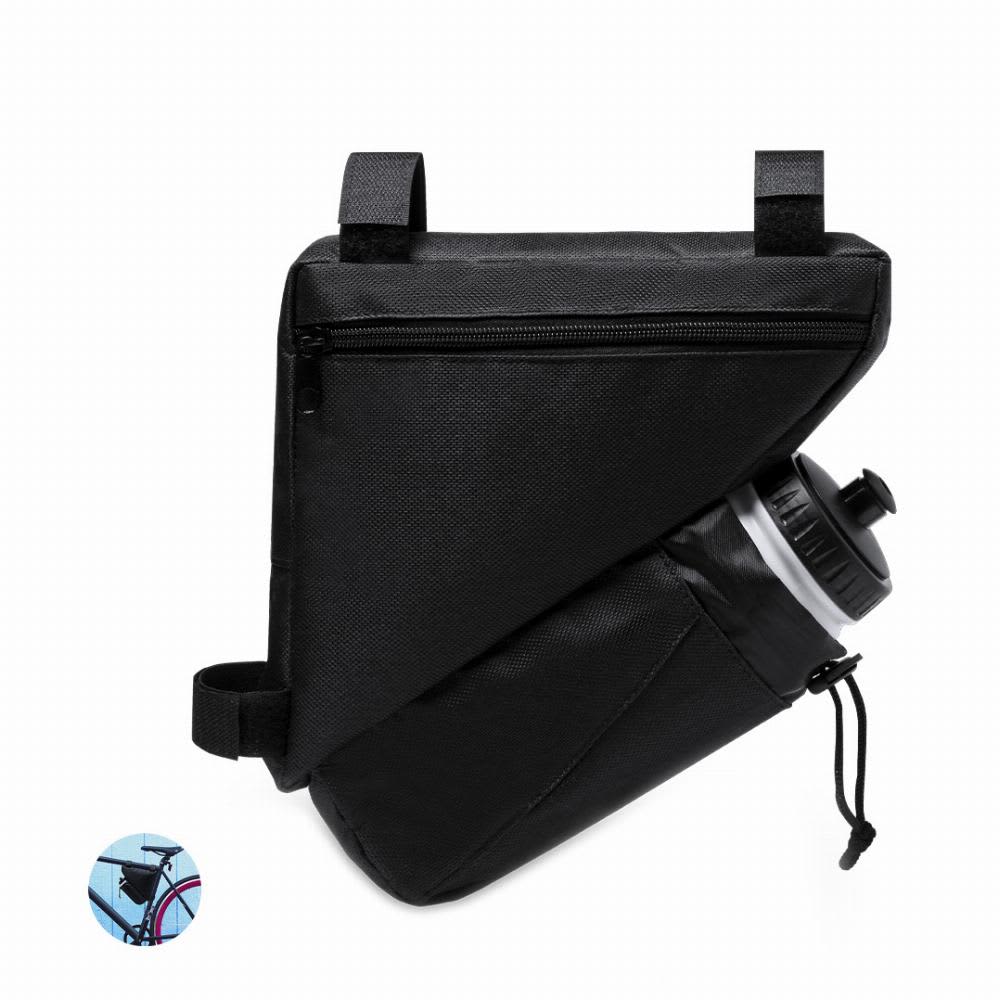 A drink bottle housed in a black triangular pouch with straps, designed for attachment to a bicycle. Leven - Image 1