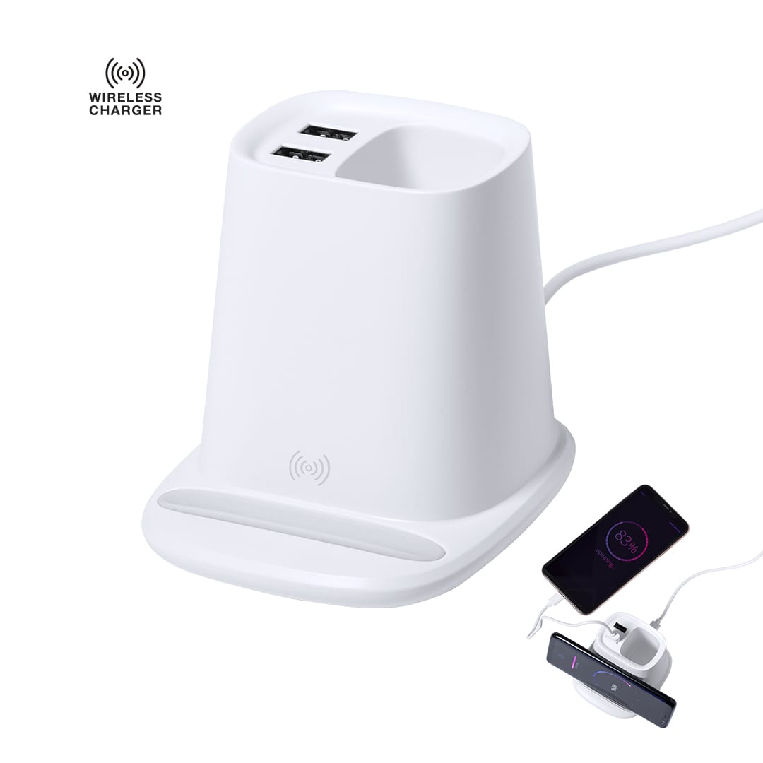 A white multifunction pencil holder with dual USB ports and a wireless charging pad for devices. Pekon Multifunction Pencil Holder - Image 1