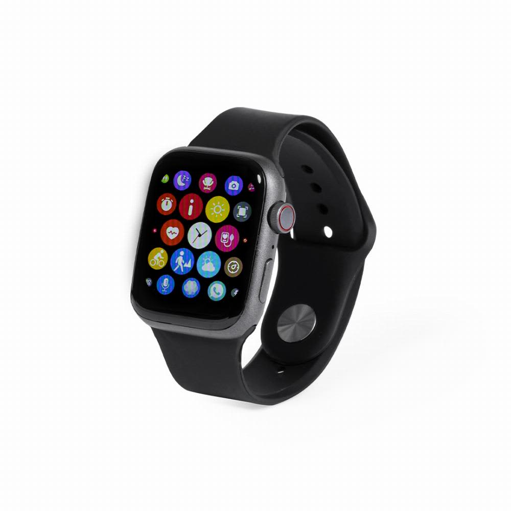 A smartwatch with a black strap displaying a vibrant app interface in various colours. It features a round side button. Proxor - Image 1