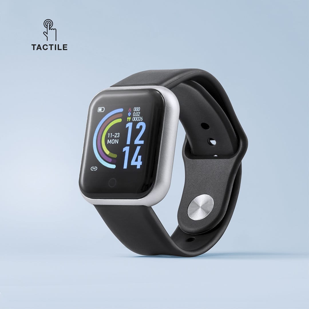 A smartwatch with a black strap and a rectangular screen displaying colourful metrics, featuring a logo. Simont Smart Watch - Image 1