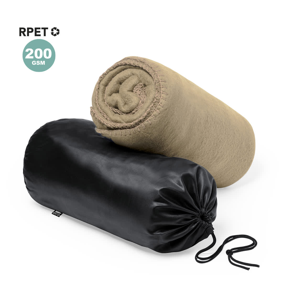 A rolled-up beige blanket paired with a black carrying bag, featuring a drawstring closure. Kayla Blanket - Image 1