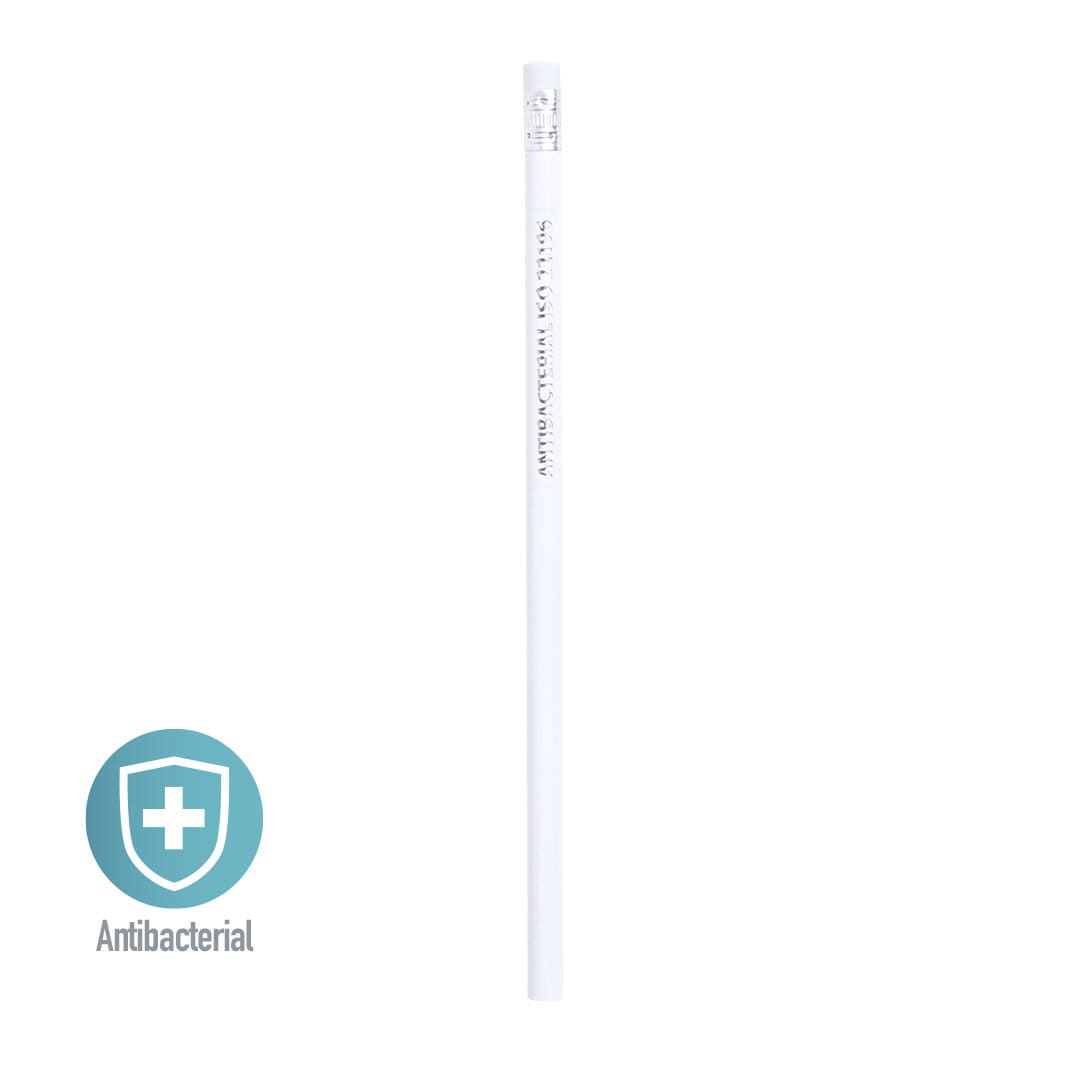 A white antibacterial pencil with a logo, designed for writing. Sukon Antibacterial Pencil - Image 1