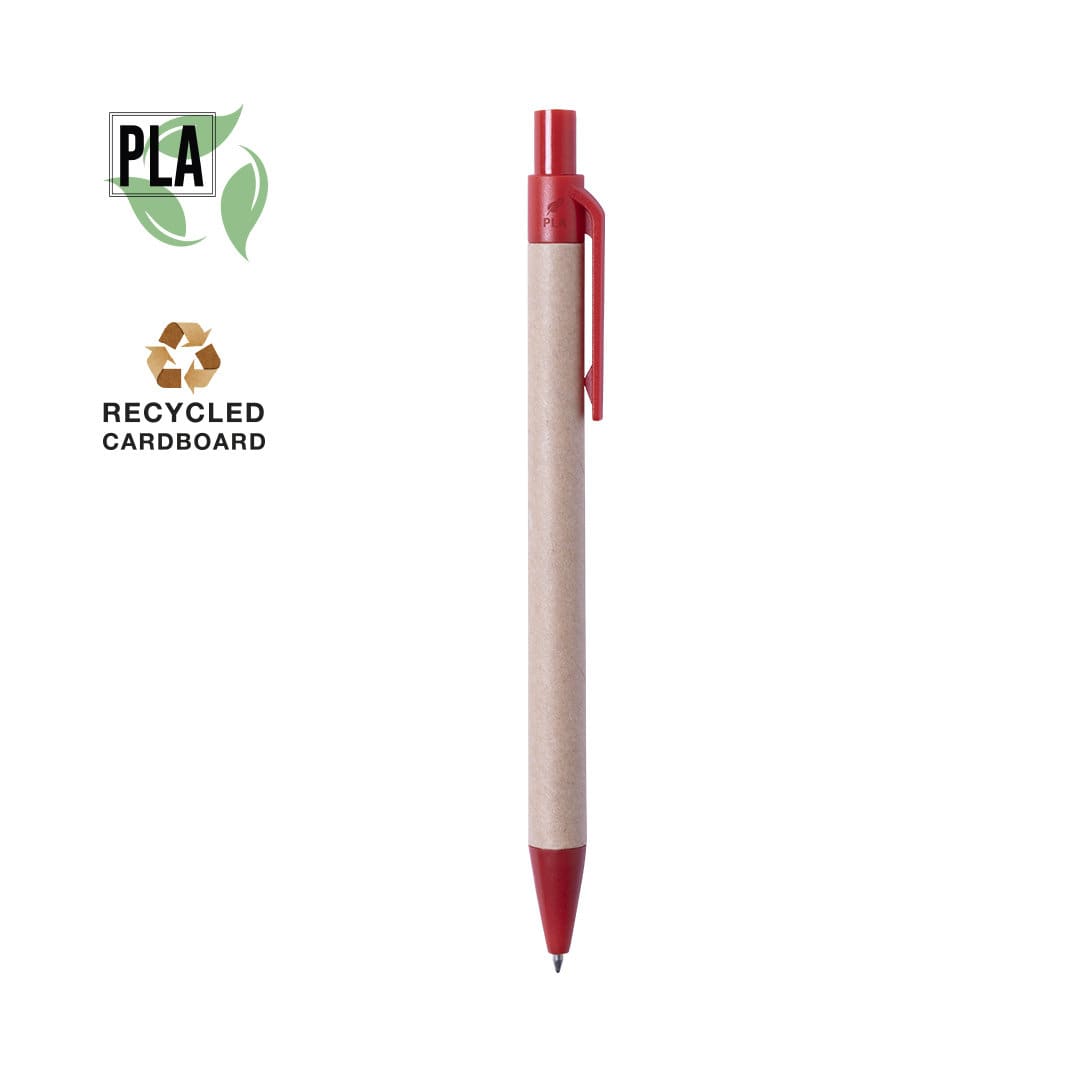 A red and natural recycled cardboard pen with a matching clip and tip, featuring a logo. Vatum Pen - Image 1
