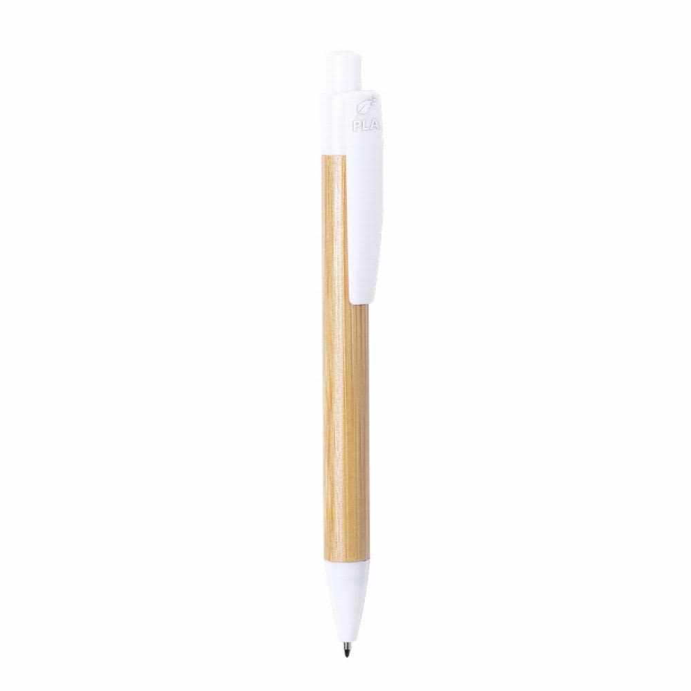 A pen with a bamboo barrel and white accents, featuring a logo on the clip. Heloix - Image 1