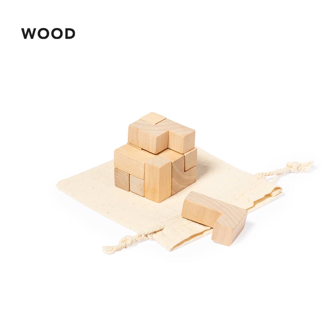 A set of wooden blocks in a natural finish, presented on a cream fabric pouch with drawstrings. Tayex Skill Game - Image 1