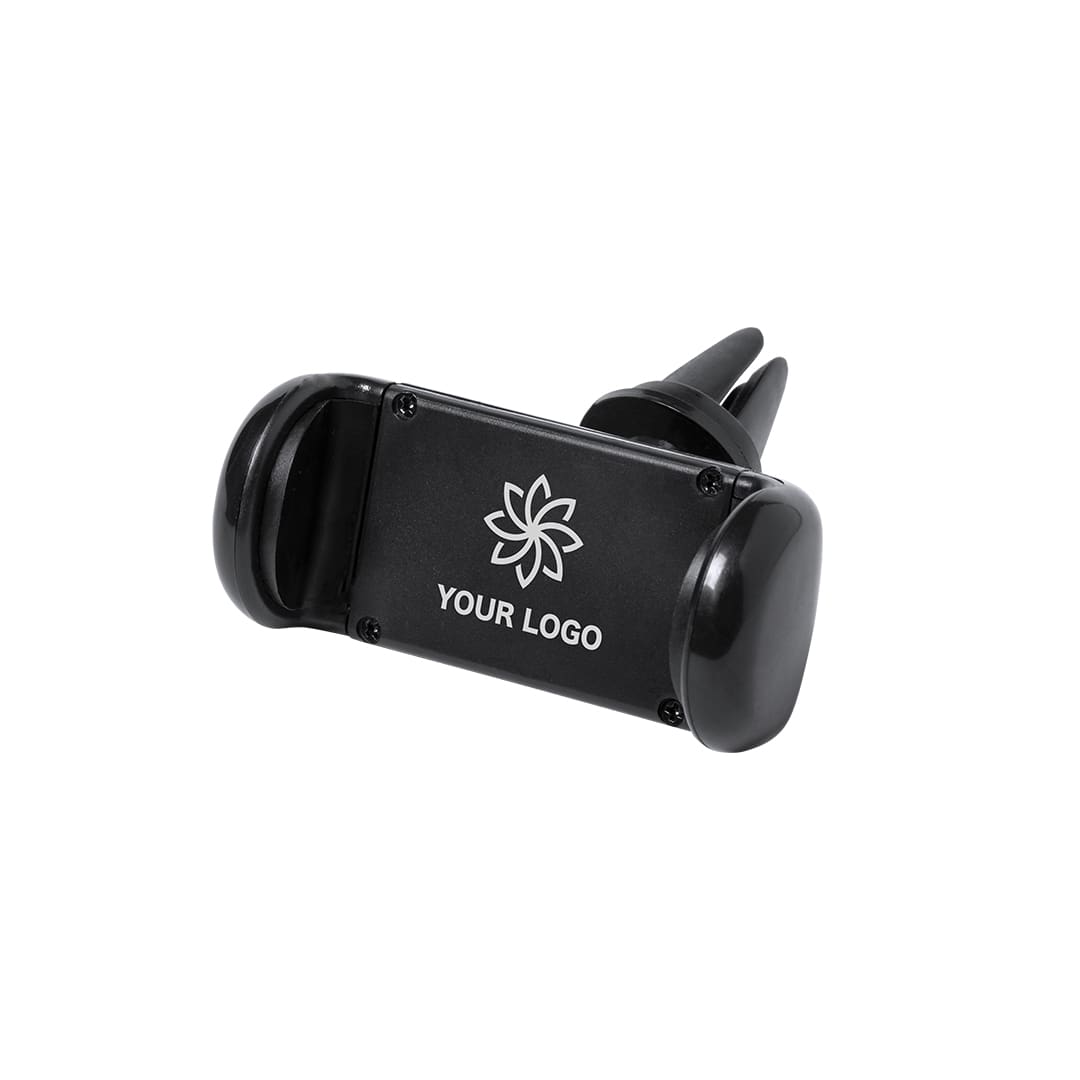 A black car phone holder with a vent clip and a logo design on the front. Gumbol Holder - Image 1
