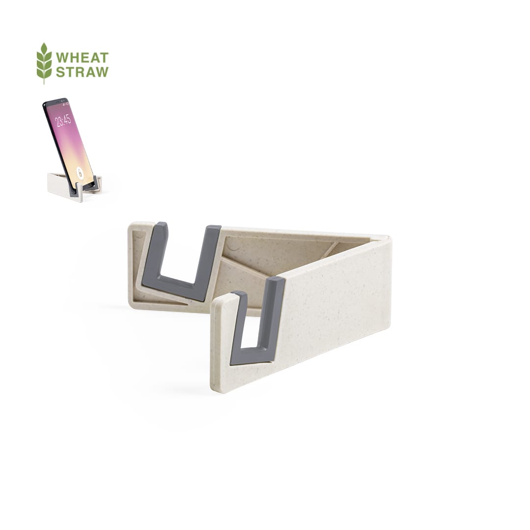 A wheat straw phone stand in beige with grey accents, designed to hold smartphones securely. Lastrow Holder - Image 1