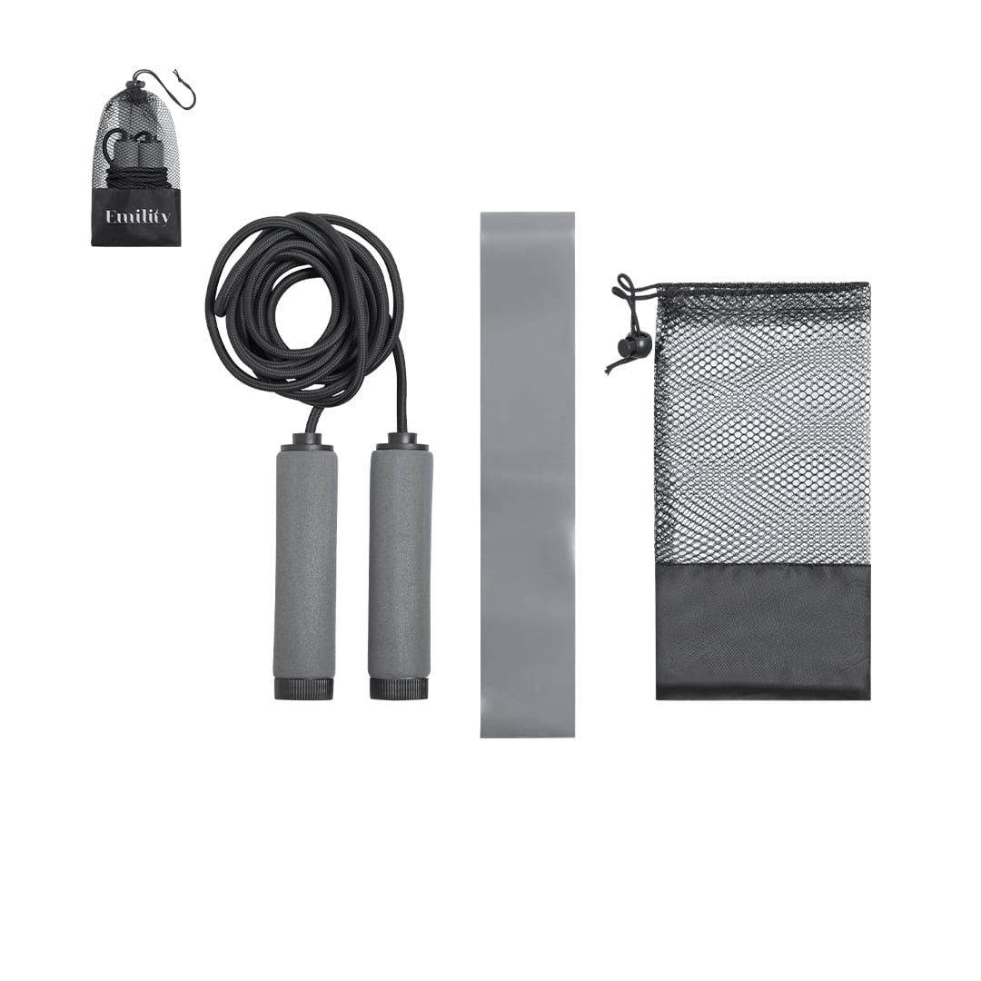 A fitness set featuring a jump rope with grey handles, a grey resistance band, and a mesh storage bag. Zhiax Fitness Set - Image 1