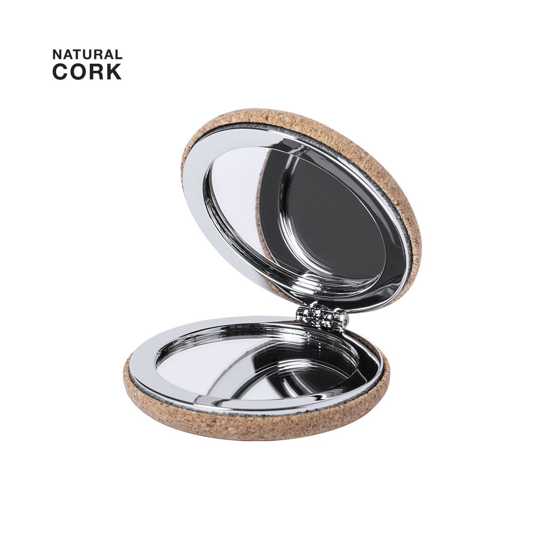 A pocket mirror with a natural cork exterior and a shiny chrome interior, featuring a simple round design. Alunax Pocket Mirror - Image 1