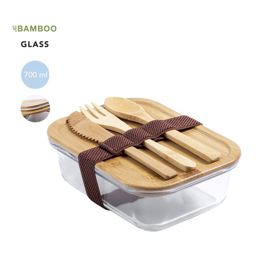A glass lunch box with a bamboo lid, featuring wooden utensils secured with a brown strap. It's 700 ml in size. Bejar Lunch Box - Image 1