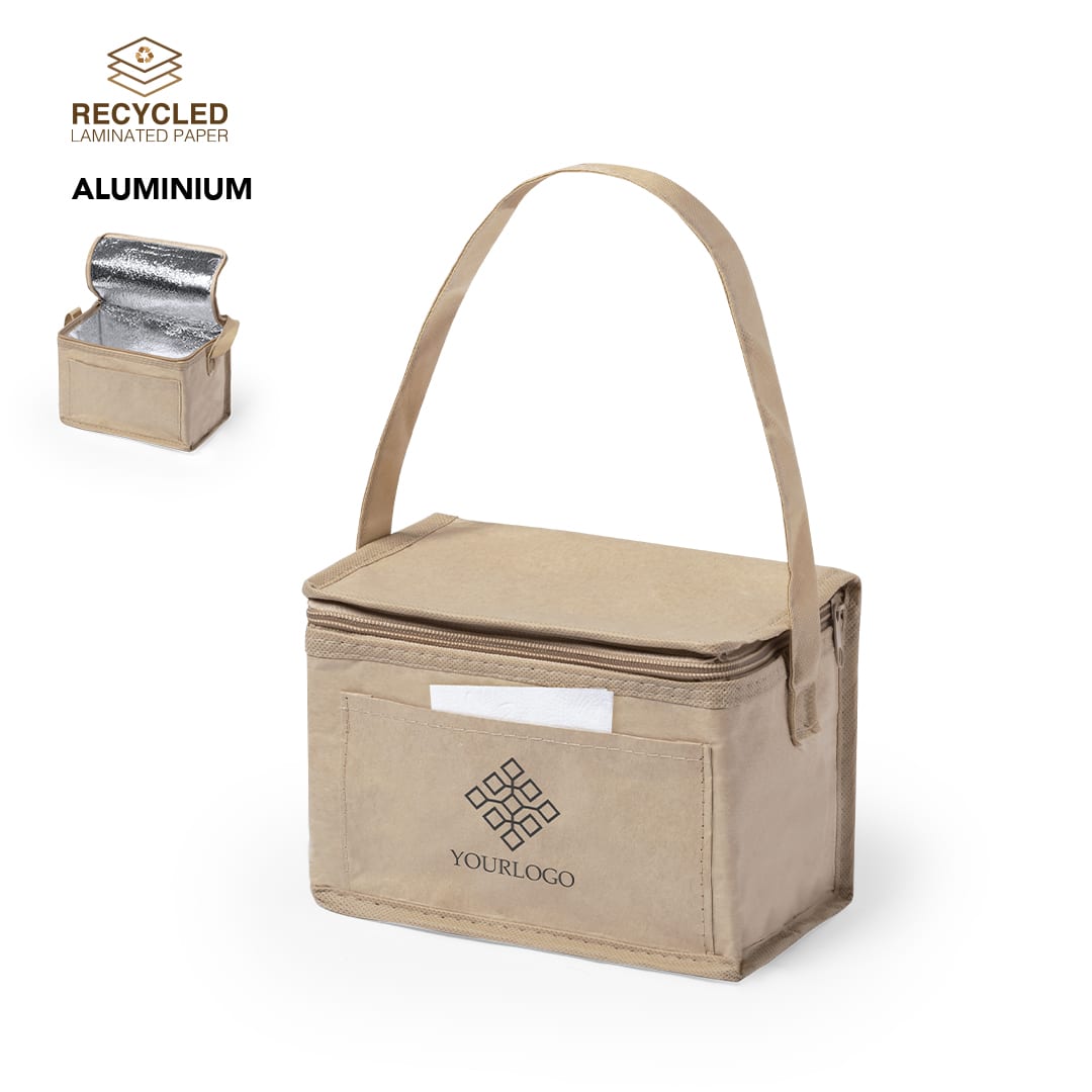 A beige cooler bag with an adjustable strap and a zippered compartment, featuring a logo on the front. Zayka Cool Bag - Image 1