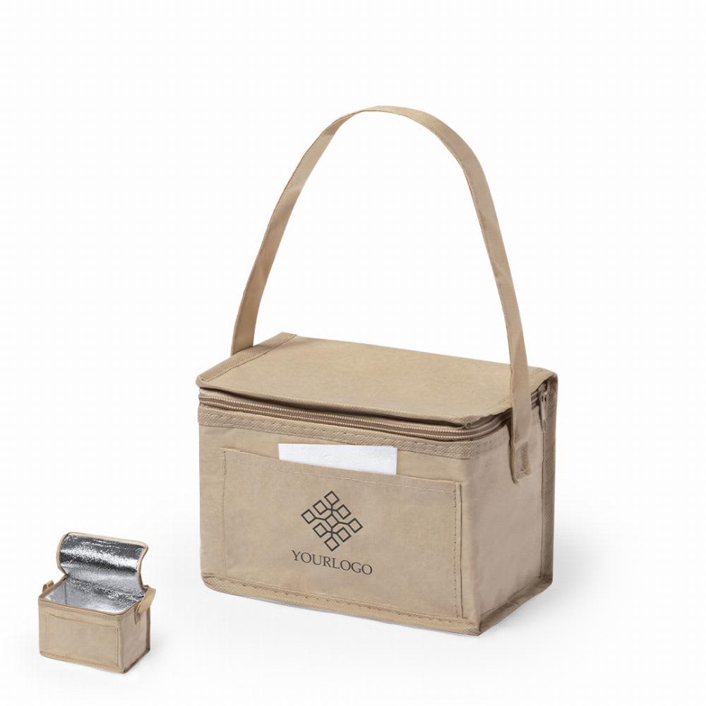 A beige insulated lunch bag with a detachable small storage container and a logo on the front. Zayka - Image 1